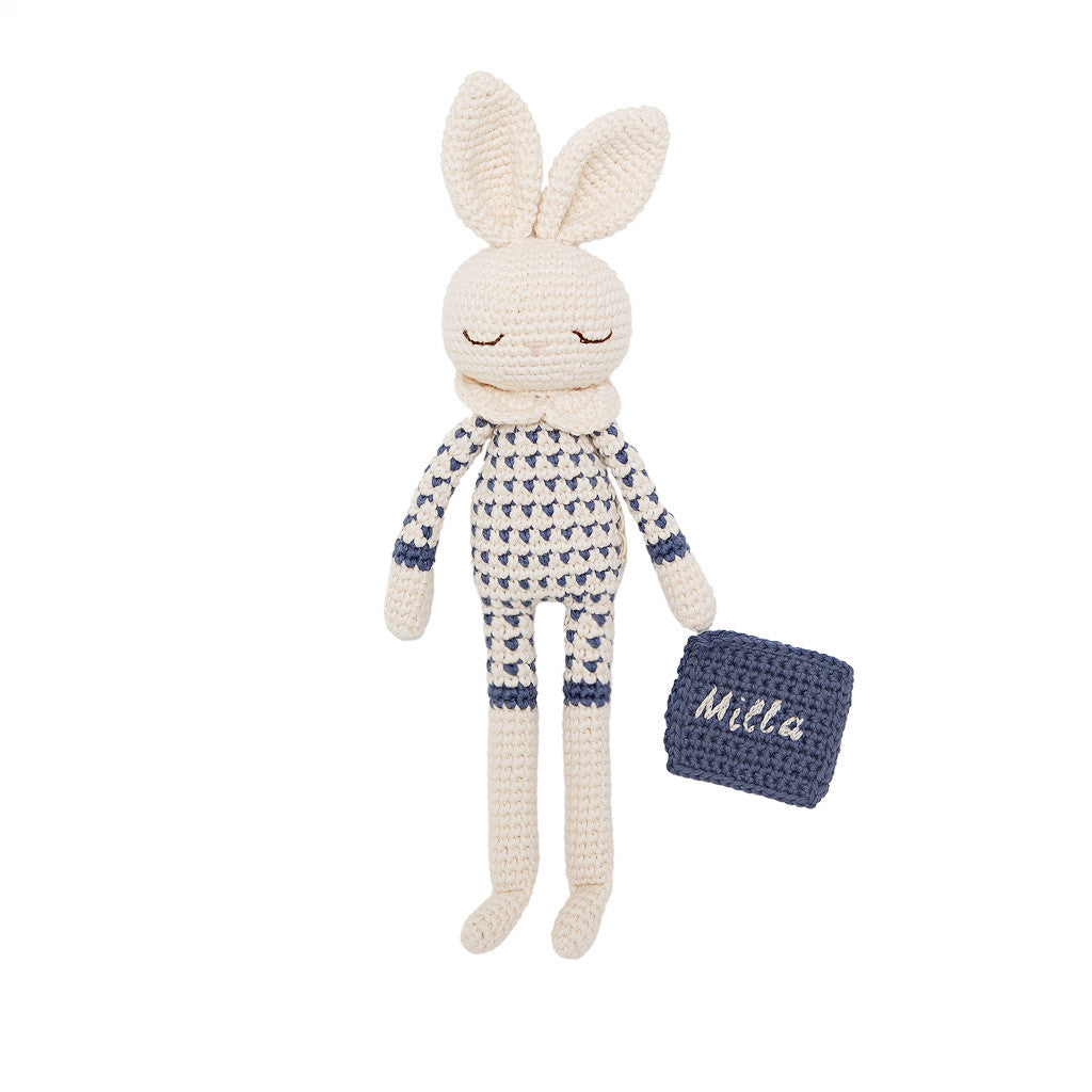 Patti Oslo Norge Personalised Bea Bunny | raf Organic Soft Toys Blue napkin, cream font