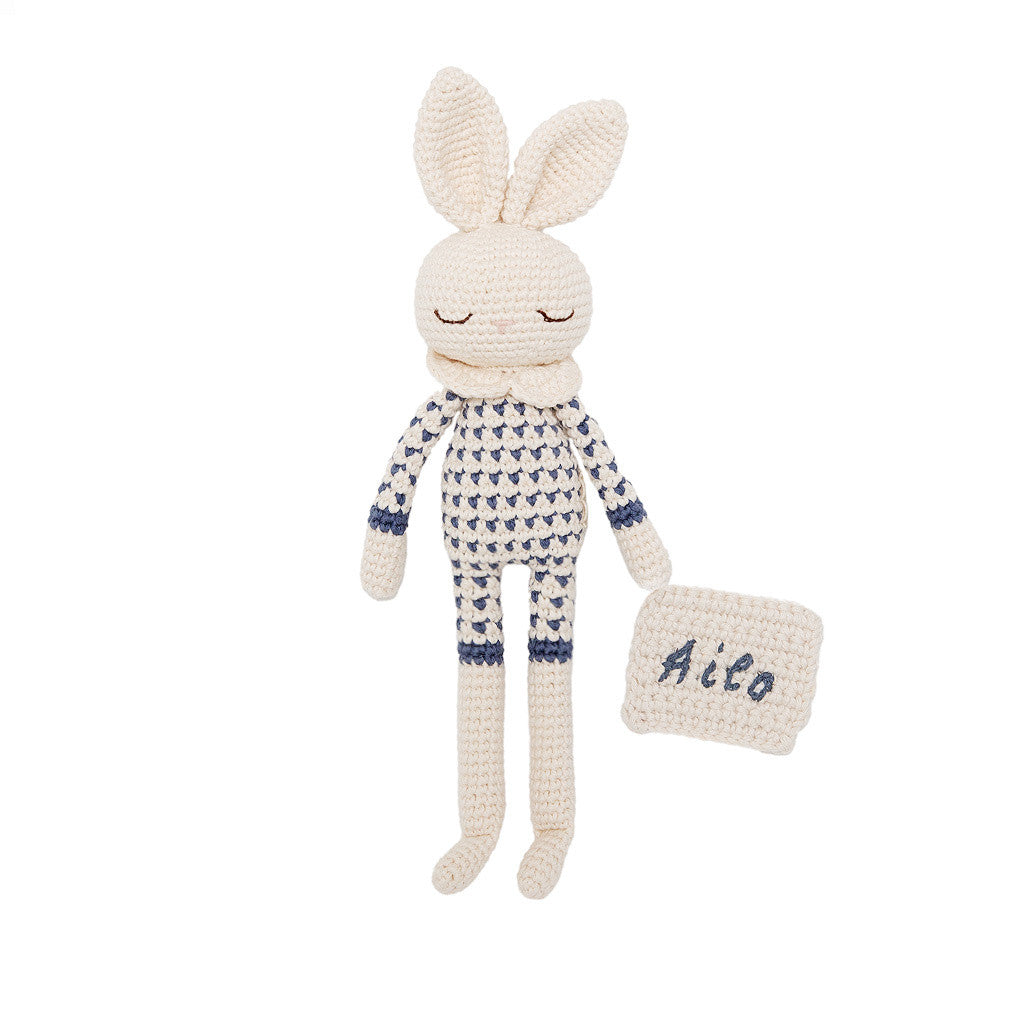 Patti Oslo Norge Personalised Bea Bunny | raf Organic Soft Toys Cream napkin, blue font
