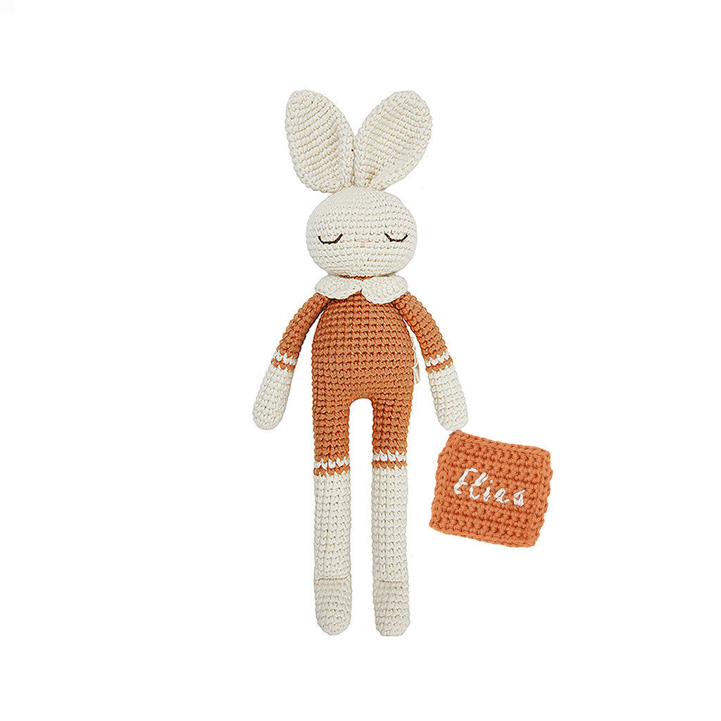 Patti Oslo Norge Personalised Bunny | terracotta Organic Soft Toys terracotta napkin, cream font