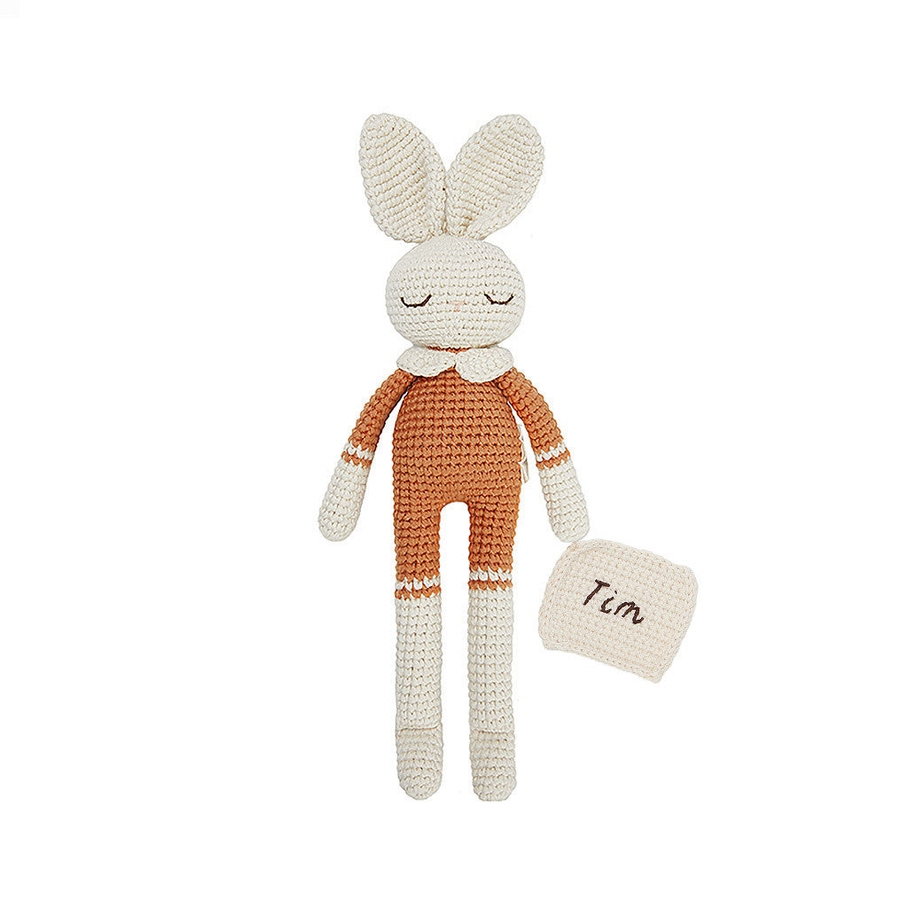 Patti Oslo Norge Personalised Bunny | terracotta Organic Soft Toys Cream napkin, brown font