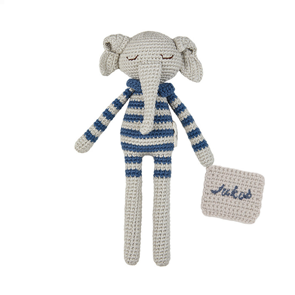 Patti Oslo Norge Personalised Ellie Elephant | striped raf Organic Soft Toys Gray napkin, blue font