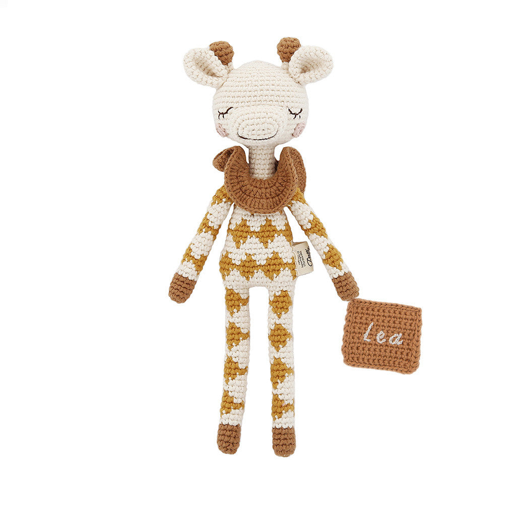 Patti Oslo Norge Personalised Goldie Giraffe | ochre overall Organic Soft Toys Caramel napkin, cream font