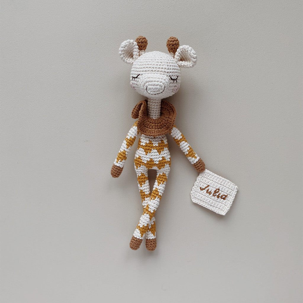 Patti Oslo Norge Personalised Goldie Giraffe | ochre overall Organic Soft Toys