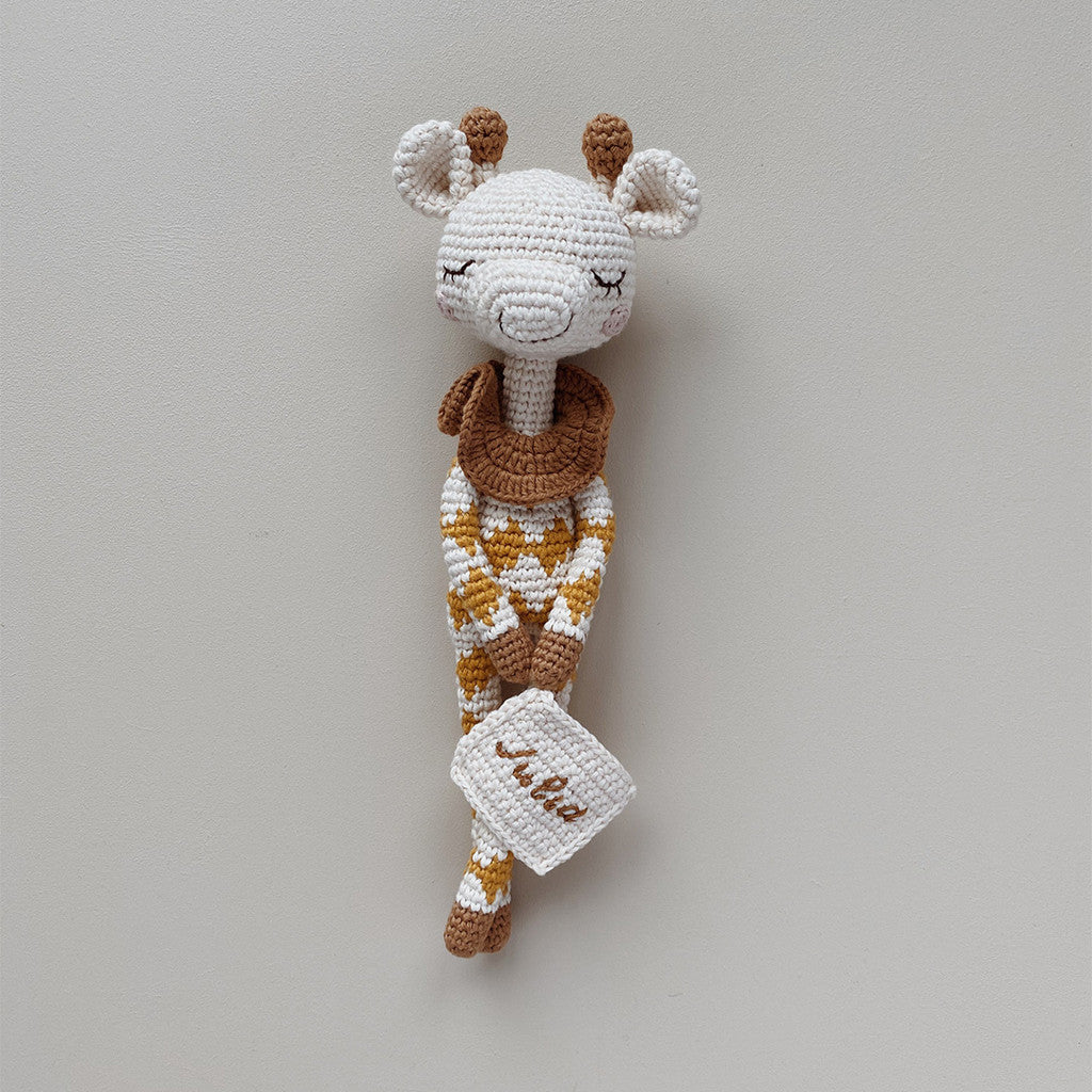 Patti Oslo Norge Personalised Goldie Giraffe | ochre overall Organic Soft Toys