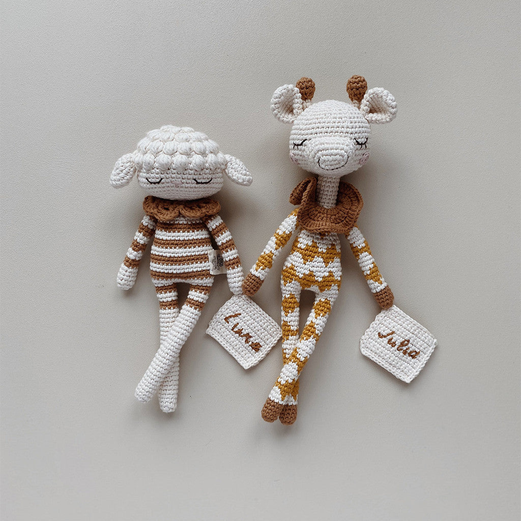 Patti Oslo Norge Personalised Goldie Giraffe | ochre overall Organic Soft Toys