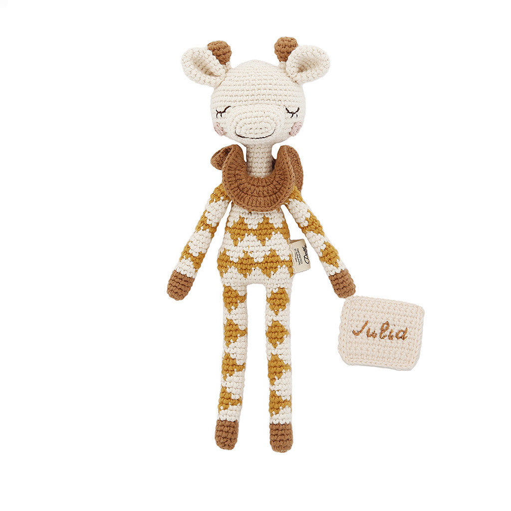 Patti Oslo Norge Personalised Goldie Giraffe | ochre overall Organic Soft Toys Cream napkin, caramel font