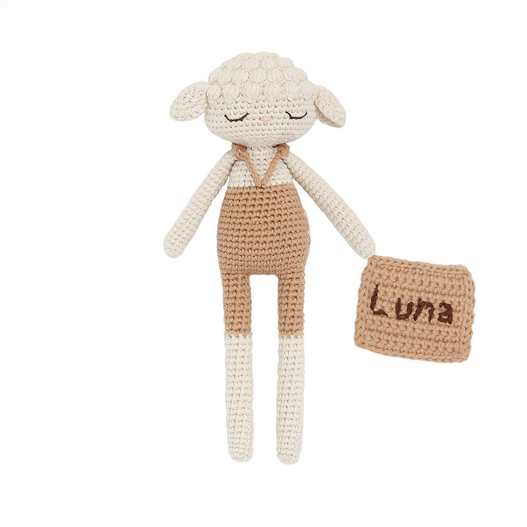 Patti Oslo Norge Personalised Lamb I swimsuit beige Organic Soft Toys Beige napkin, brown font